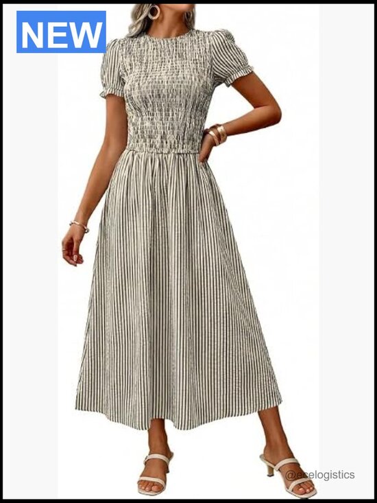 Dresses & Skirts - Women's Stripe Smocked Midi Dress Flowy A Line Puff Short Sleeve Crewneck Boho